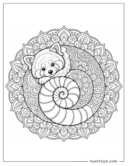 Sleeping Red Panda Mandala Coloring Page with a Curled Tail