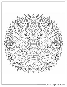 Twin Fennec Fox Mandala Coloring Page with Moon and Stars