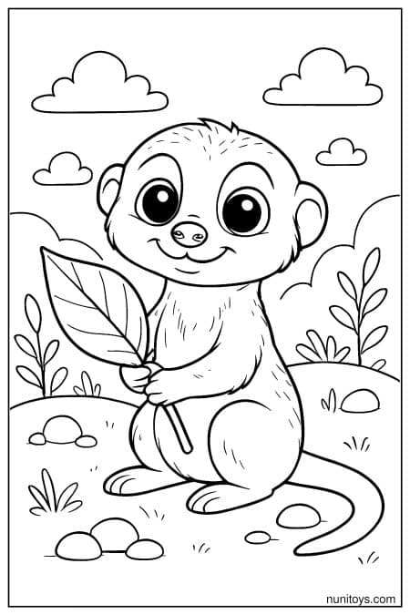 Cute Meerkat Holding a Leaf Coloring Sheet