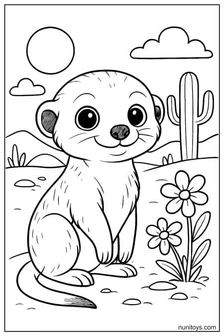 Cute Meerkat Coloring Page with Flowers and Cactus
