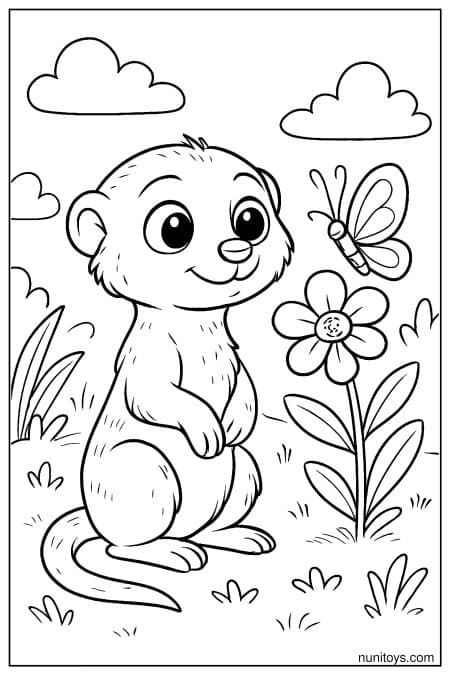 Cute Meerkat with Butterfly and Flower Coloring Sheet