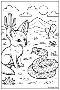 Fennec Fox Facing a Desert Snake Coloring Page