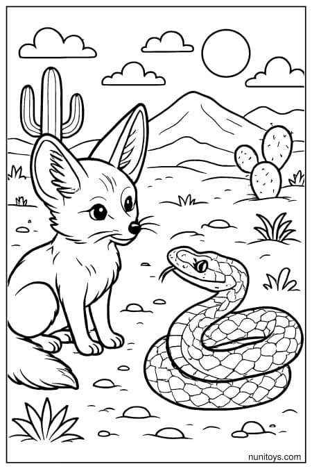 Fennec Fox Facing a Desert Snake Coloring Page