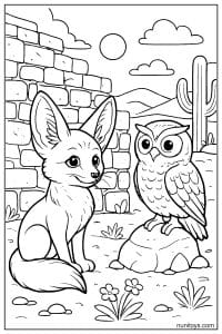 Fennec Fox Meeting an Owl Coloring Page