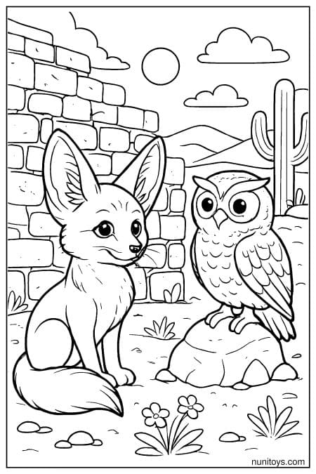 Fennec Fox Meeting an Owl Coloring Page