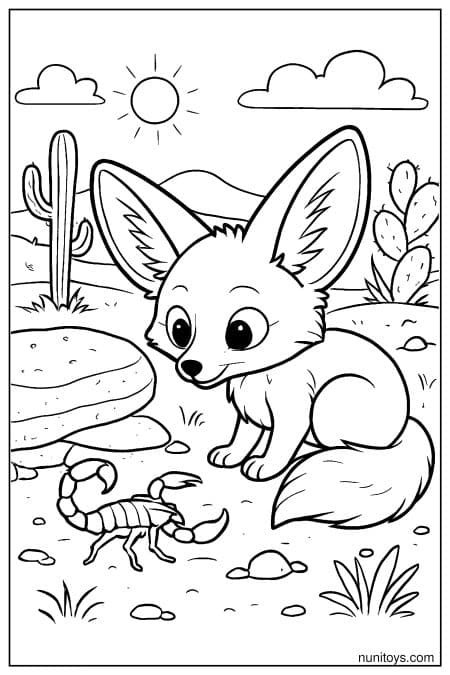 Cute Fennec Fox Watching a Scorpion Coloring Page