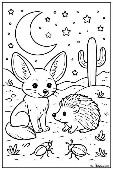 Fennec Fox Under the Stars with a Hedgehog Coloring Page