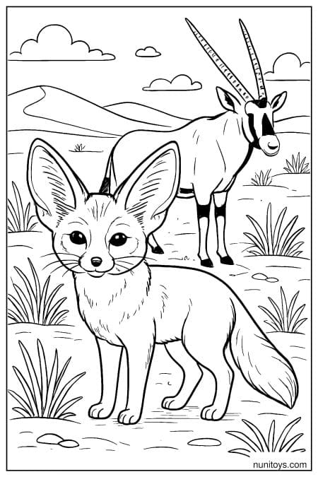 Fennec Fox Coloring Page with a Desert Antelope