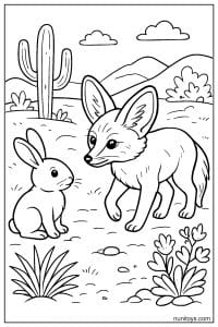 Fennec Fox Meeting a Rabbit Coloring Sheet