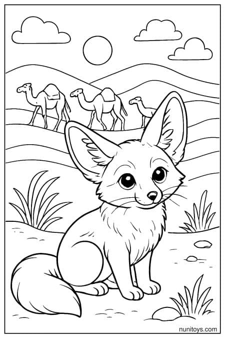 Fennec Fox Coloring Page with Camels in the Desert