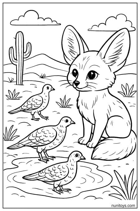 Fennec Fox Watching Desert Birds Coloring Page