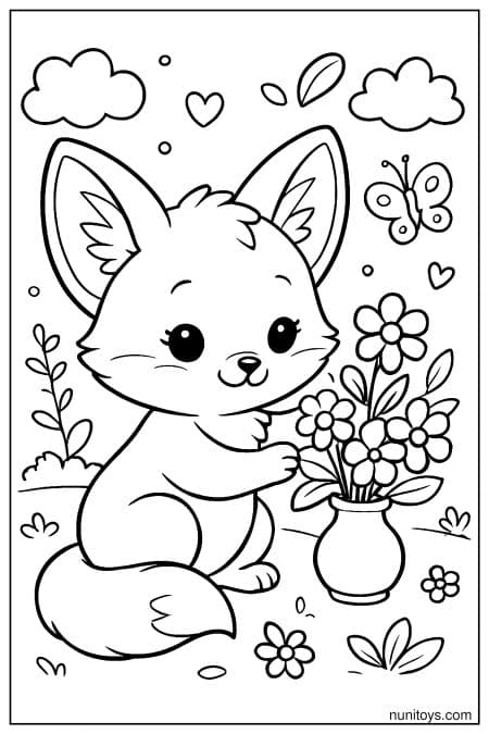 Kawaii Fennec Fox Arranging Flowers Coloring Page