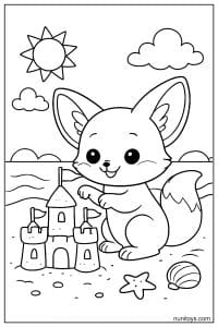Cute Kawaii Fennec Fox Building a Sandcastle Coloring Sheet