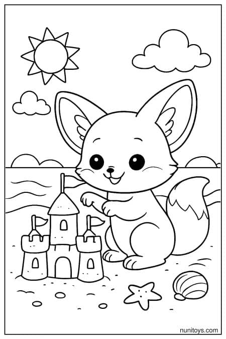 Cute Kawaii Fennec Fox Building a Sandcastle Coloring Sheet