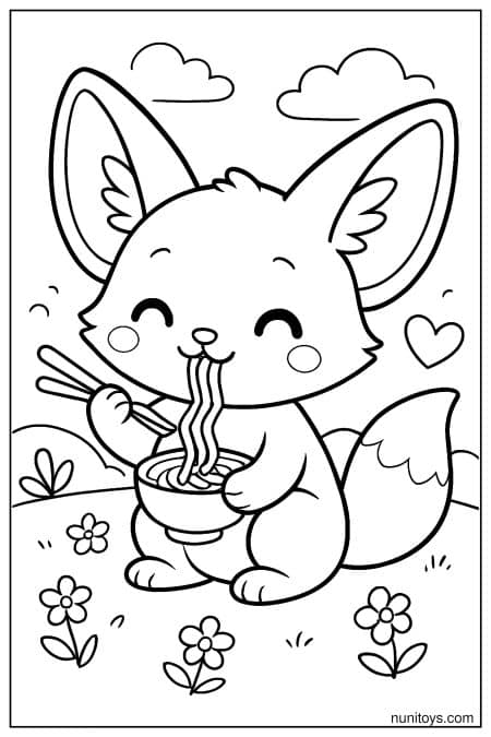 Kawaii Fennec Fox Eating Noodles Coloring Page