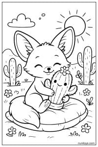 Kawaii Fennec Fox Hugging a Cactus Coloring Page