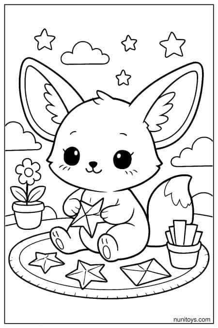 Kawaii Fennec Fox Crafting Paper Stars Coloring Page
