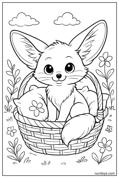Kawaii Fennec Fox in a Basket Coloring Page