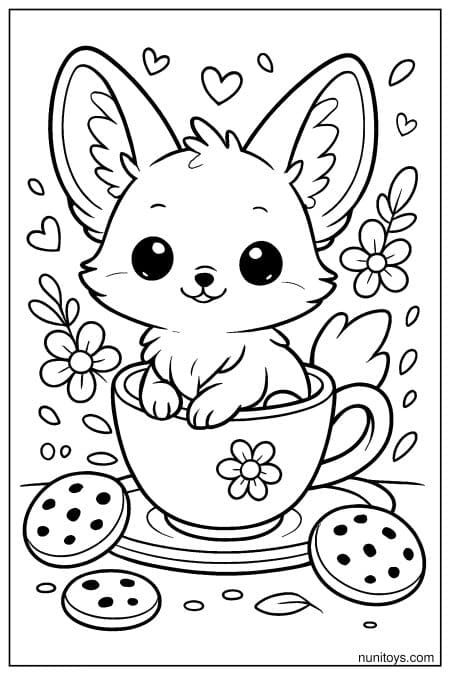 Kawaii Fennec Fox in a Teacup Coloring Page