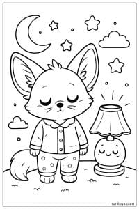 Sleepy Kawaii Fennec Fox in Pajamas Coloring Sheet