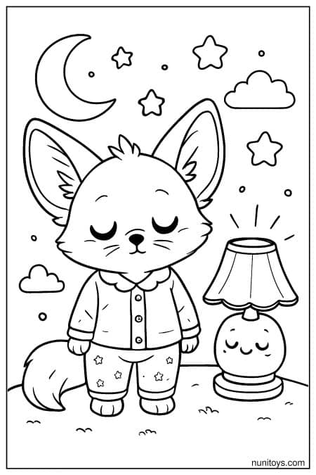 Sleepy Kawaii Fennec Fox in Pajamas Coloring Sheet