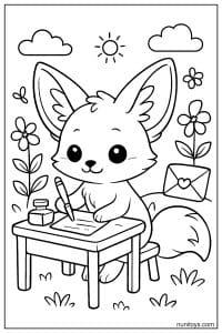 Kawaii Fennec Fox Writing a Letter Coloring Page
