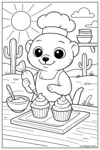 Kawaii Meerkat Baker Decorating Cupcakes Coloring Page