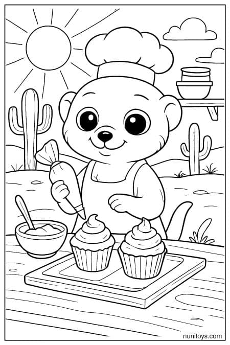 Kawaii Meerkat Baker Decorating Cupcakes Coloring Page