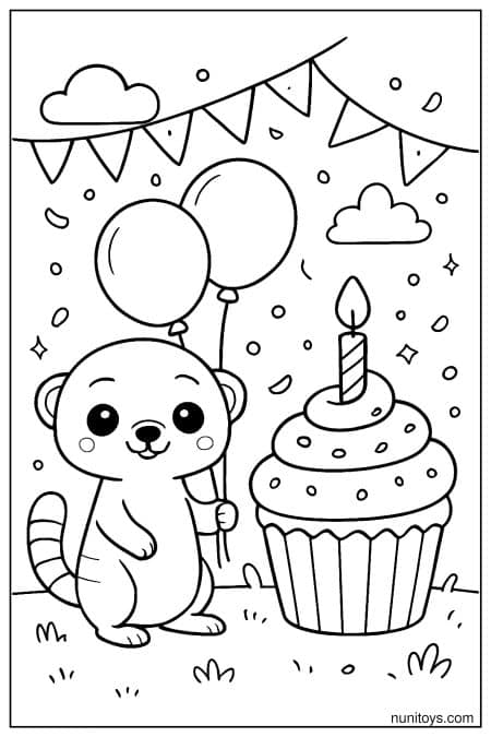 Kawaii Meerkat Birthday Cupcake Coloring Page