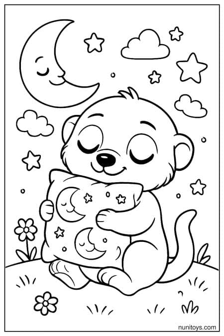 Sleepy Kawaii Meerkat Hugging a Moon Pillow Coloring Sheet