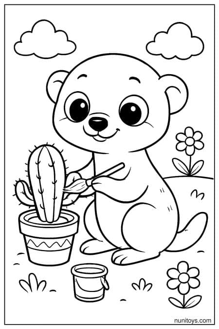 Cute Kawaii Meerkat Painting a Cactus Coloring Page