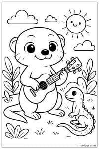 Kawaii Meerkat Playing Guitar Coloring Page