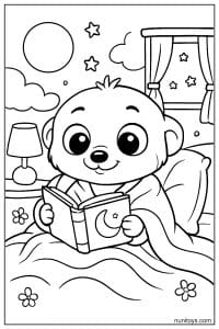 Kawaii Bedtime Meerkat Reading Coloring Illustration