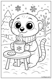 Kawaii Winter Meerkat with a Warm Mug Coloring Page