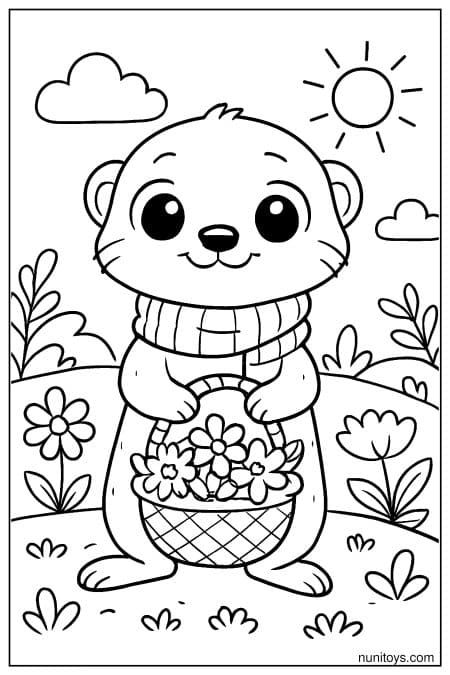 Cute Kawaii Meerkat with a Flower Basket Coloring Sheet
