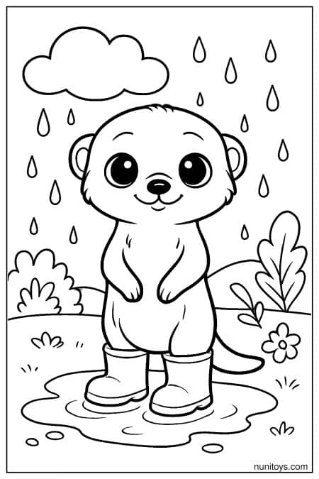 Rainy Day Kawaii Meerkat in Boots Coloring Sheet