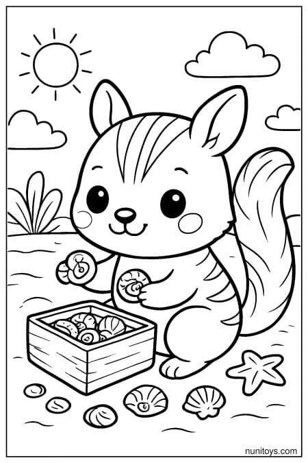 Kawaii Numbat Collecting Seashells Coloring Sheet