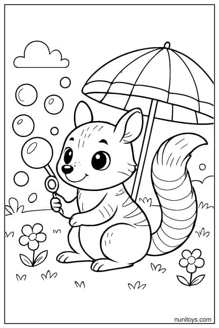 Kawaii Numbat with Bubbles and a Beach Umbrella Coloring Page