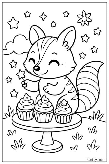 Kawaii Numbat Decorating Cupcakes Coloring Page