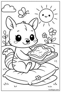 Kawaii Numbat Having Toast on a Picnic Blanket Coloring Sheet