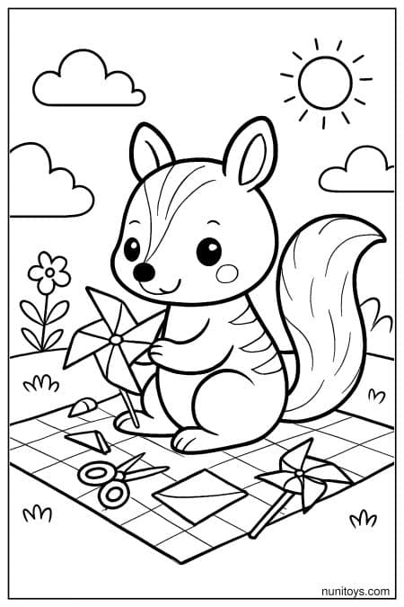 Kawaii Numbat Making Paper Pinwheels Coloring Page