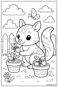 Kawaii Numbat Growing Strawberries Coloring Sheet