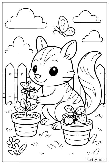 Kawaii Numbat Growing Strawberries Coloring Sheet