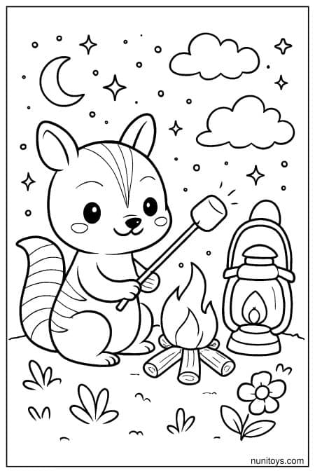 Kawaii Numbat Roasting Marshmallows Coloring Page