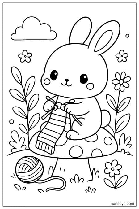 Kawaii Pika Knitting on a Mushroom Coloring Page