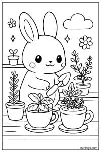 Kawaii Pika Gardening with Potted Plants Coloring Sheet