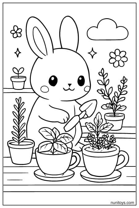 Kawaii Pika Gardening with Potted Plants Coloring Sheet