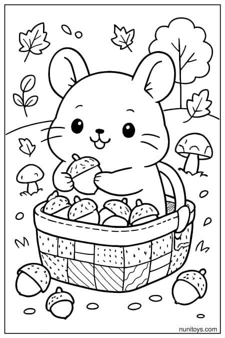 Kawaii Pika Collecting Acorns Coloring Page