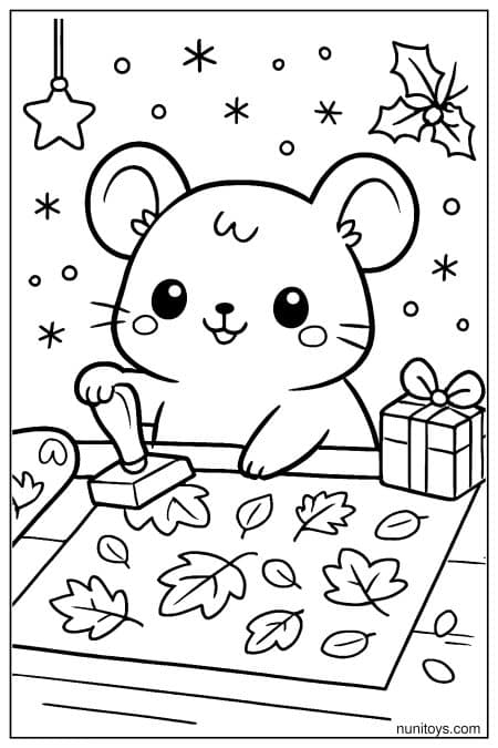 Kawaii Pika Stamping Autumn Leaves Coloring Page