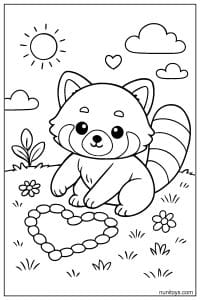 Kawaii Red Panda Making a Heart with Pebbles Coloring Sheet